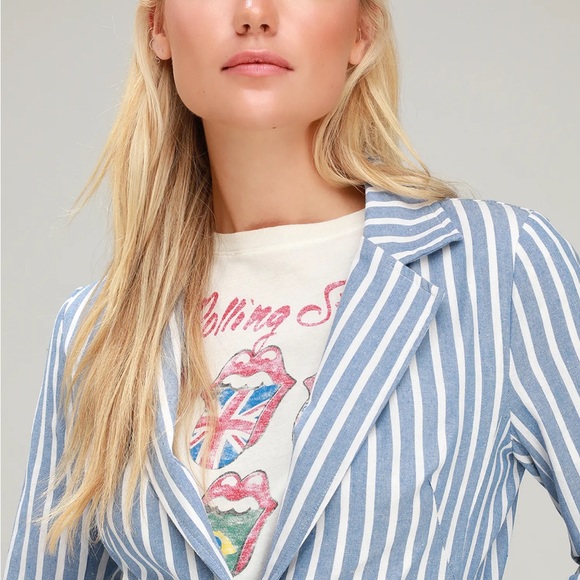 Lulus Halladay Light Blue Striped Blazer - Size M - Picture 2 of 5